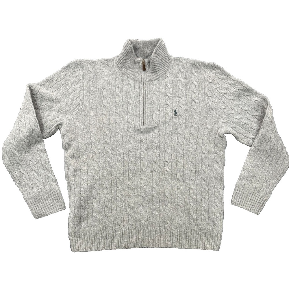 Ralph Lauren Sweater Mens XL Gray Wool Blend Cable Knit Quarter Zip Fisherman